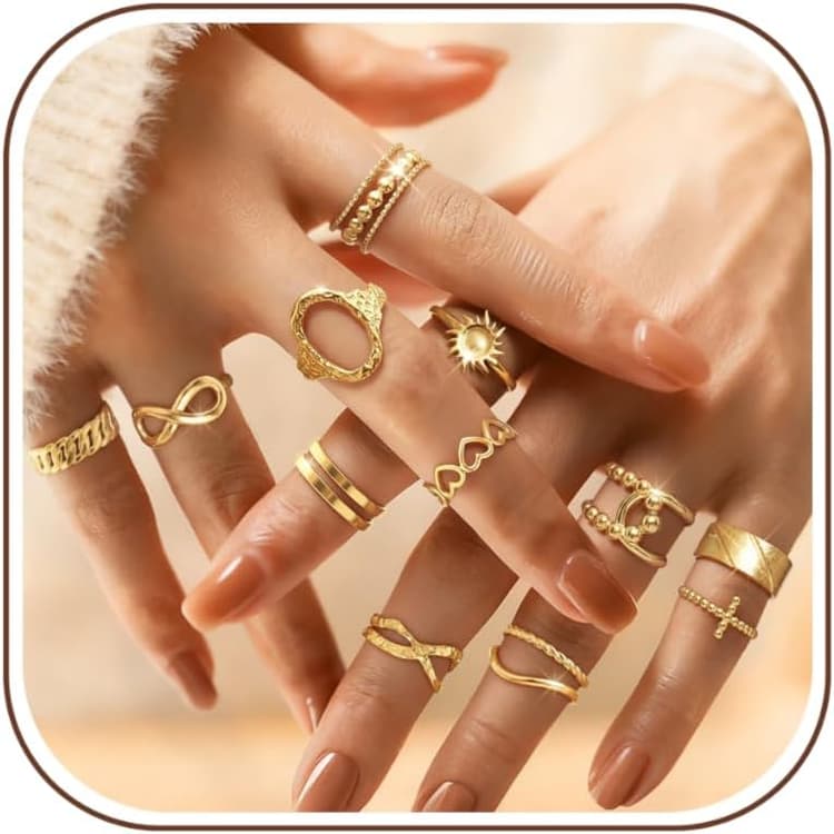 Adramata 12 Pcs Bague Femme Acier Inoxydable Bague Rétro Vintage Réglable Bague Empilable Ensemble Ouvert Argent/Or Bague pour Fille