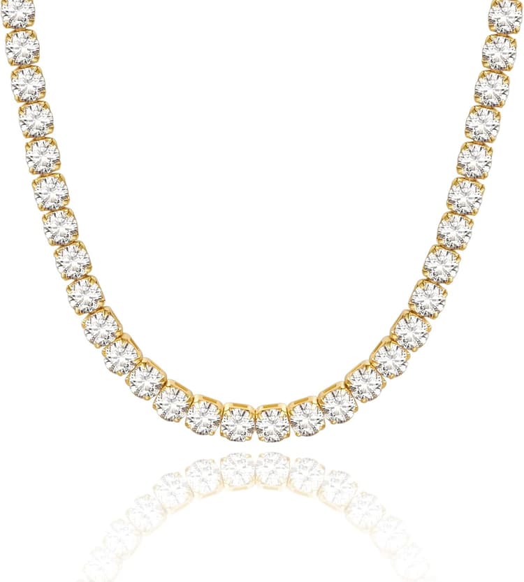 KissYan Collier de tennis pour femme, plaqué or blanc 14 carats avec diamant en oxyde de zirconium baguette, collier ras du cou épais, bijoux délicats cadeaux