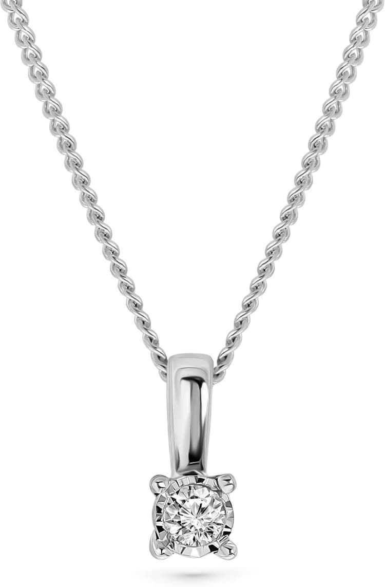 MIORE Collier Femmes Or et Diamant, Chaîne Gourmette 45cm avec Pendentif Diamant Solitaire 0.04 Ct, Collier Or Blanc/Or Jaune 9 Carat 375, Bijoux Femme Fait Main, Hypoallergénique