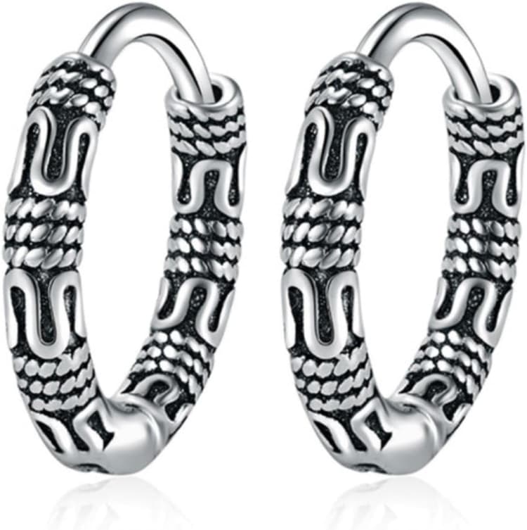 Noir Vintage Cool Big RoundIndian Boho 925 Sterling Silver Hoop Boucles d'oreilles pour Hommes Femmes À La Mode Épais Bijoux