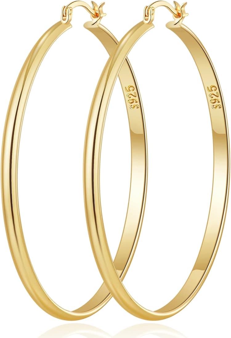 RANKEEF 3 mm De Large Grande Boucle d'oreille Creole Femme Hypoallergéniques 925 Post en Argent Sterling Boucle d Oreille Or Léger Boucle d Oreille Creole Argent Grands Créoles Or 30/40/50/60MM