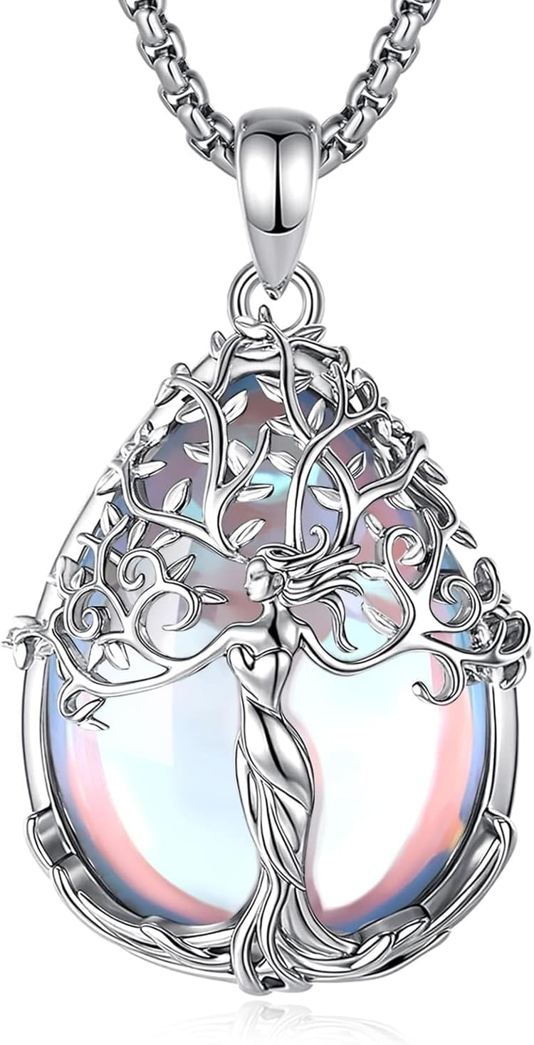 CELESTIA Femme Collier Arbre de Vie Plaqué Argent avec Améthyste Obsidienne Pierre de lune- Chaîne Réglable, Cadeau d'anniversaire/Fête des Mères pour Maman, Tant, Sœur