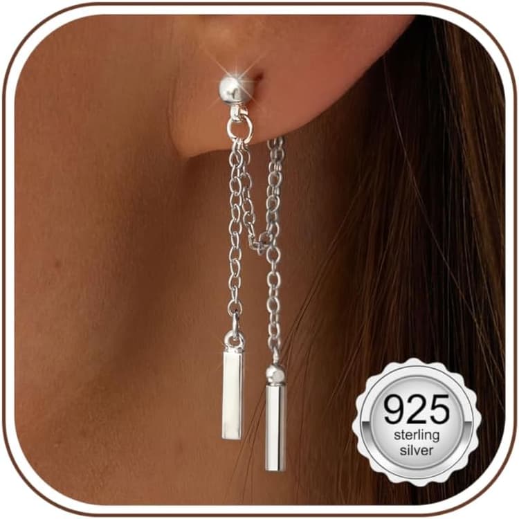 KRFY Boucles d'Oreilles Femme Argent Sterling 925 Boucles d'Oreilles Pendantes Or Longue Chaîne Boucle d'Oreille Clous Hypoallergéniques Barre Perles Zircone Cubique Boucle d'Oreille Pendante Léger