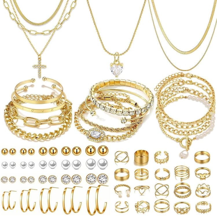 57pcs Gold Jewelry Set With 3 PCS Necklace, 12 PCS Bracelet,20pcs Hoop Stud Earrings,22pcs rings set For Women For Birthday Gifts