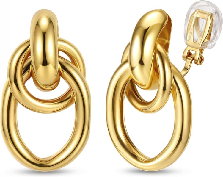 Kakonia Boucle D'oreille Clip Femme Hypoallergéniques Clips Oreilles Non Percées Argent/Plaqué Or Chunky Boucles Oreilles Clip Creoles Twisted Pendantes Faux Piercing Oreille