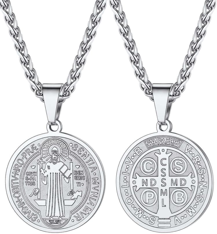 U7 Collier Homme Croix de Saint Benoît Chaîne et Pendentif en Acier Inoxydable 316L/Plaqué Or Jaune Bijou Religieu