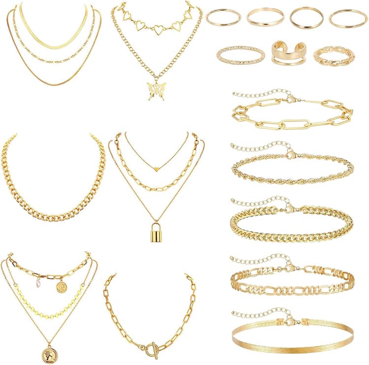 18 Pcs Parure Bijoux Femme : Élégante Parure de Bijoux pour Femme comprenant Collier Ras de Cou, Collier Breloque Argent et Or, Bracelet Jonc Or
