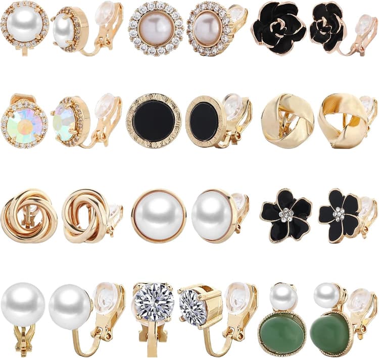 NEWITIN 12 Pairs Clip On Earrings for Women Cute Earring Crystal Pearl Stud Charming Fashion Earring Non Piercing Clip on Stud Earrings for Women