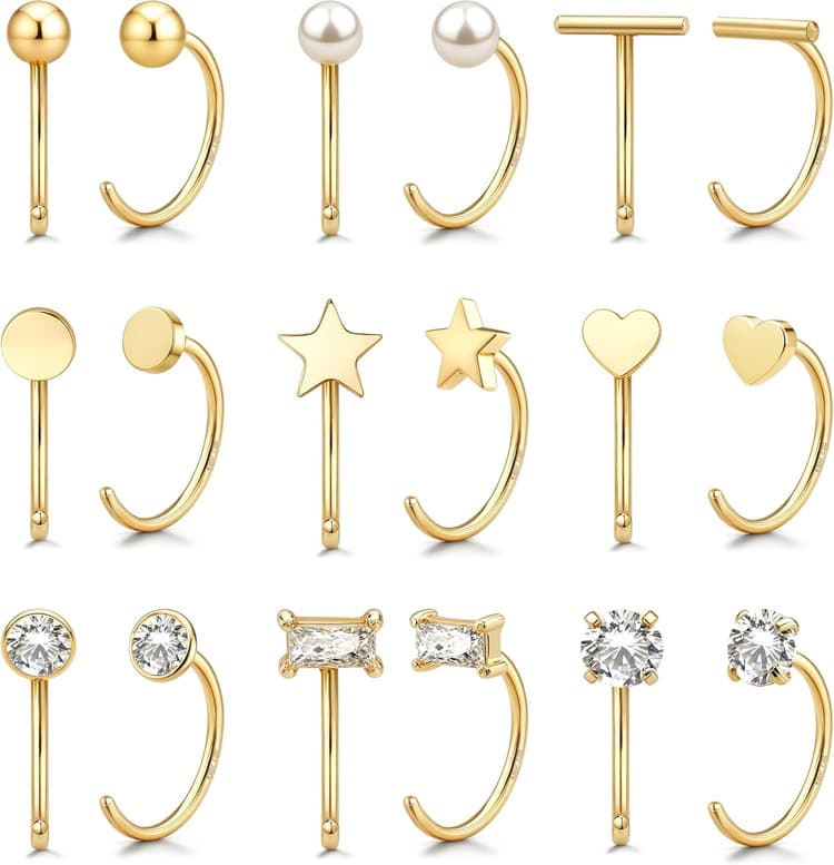 9 Pairs 14K Gold Stay Close Hoop Huggie Half Hoop Earrings Cartilage Helix Open Hugging for Women | Hypoallergenic 316L Stainless Steel Jewelry Set Trending Women's Day Gifts