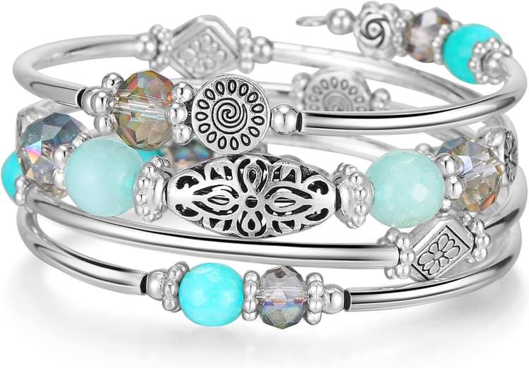 FULU AUTUMN Bracelet en Perles Argent pour Femmes Bracelet Enveloppant en Pierre Multicouches Un Cadeau de Bijoux Fantaisie pour Maman le Jour de Thanksgiving - Boîte Cadeau