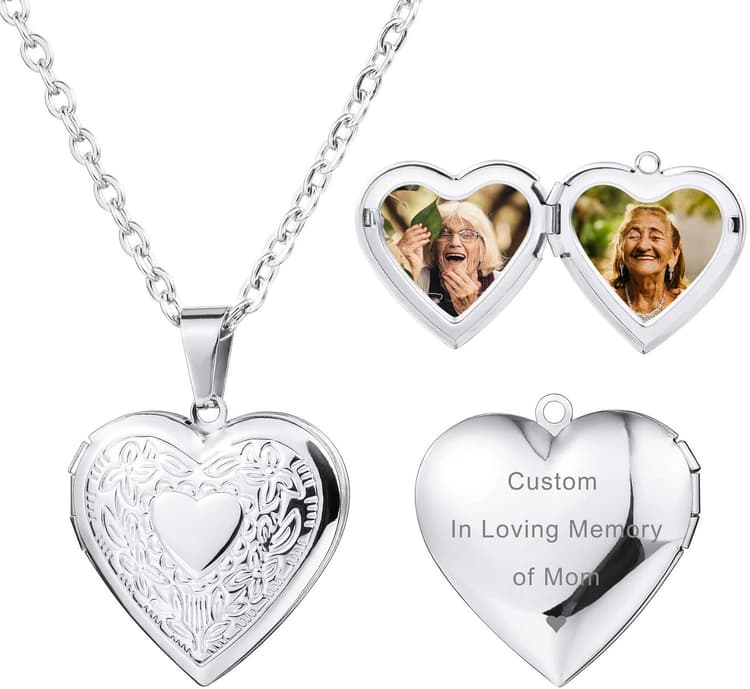 MeMeDIY Collier Médaillon Coeur Personnalisé Contient Une Photo Personnalisée Mémorial Image Gravure Texte pour Femmes Fille Maman Grand-Mère en Acier Inoxydable Chaîne Réglable Amour Pendentif