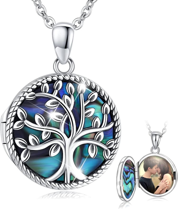 Collier Médaillon pour Femme, Pendentif Porte Photo Arbre de Vie en Argent Sterling 925 Pendentif avec Coquille d'ormeau, Collier Photo Gravé Bijoux Cadeau pour Maman Femme Petite Amie