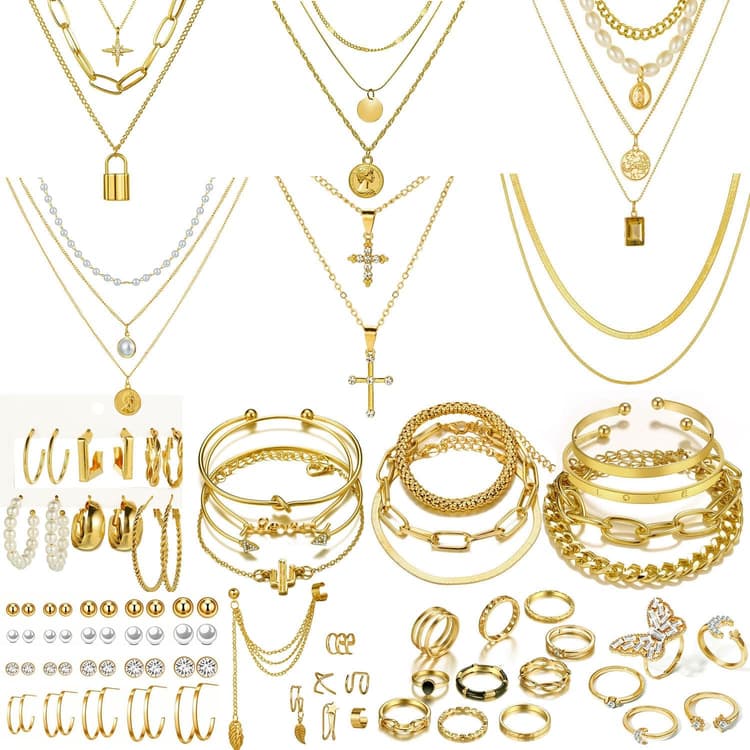 73 Pcs Gold Jewelry Set with 6Pcs Layered Necklace, 11 Pcs anklet and 7Pcs Earring Ear Cuff,12Hoop Earrings ,15pcs Rings,21pcs stud earrings Jewerly set for Women Pack for Friendship Party Gift