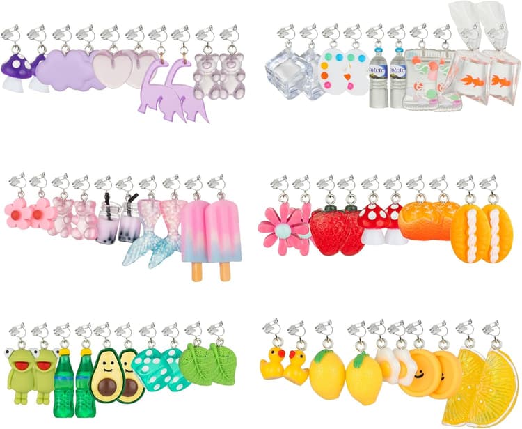 30 Pairs Weird Cute Funny Fun Dangle (or Clip on) Earrings set for Women Unique Bear Duck Mushroom Fruit Flowers Food Animal Drop Dangle Aesthetic Earrings Gifts for Women
