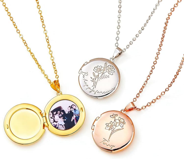 Collier médaillon personnalisé avec fleurs de naissance et 1 à 2 photos à l'intérieur Collier médaillon rond personnalisé avec photo et texte gravé en argent sterling Bijoux pour femmes Maman filles
