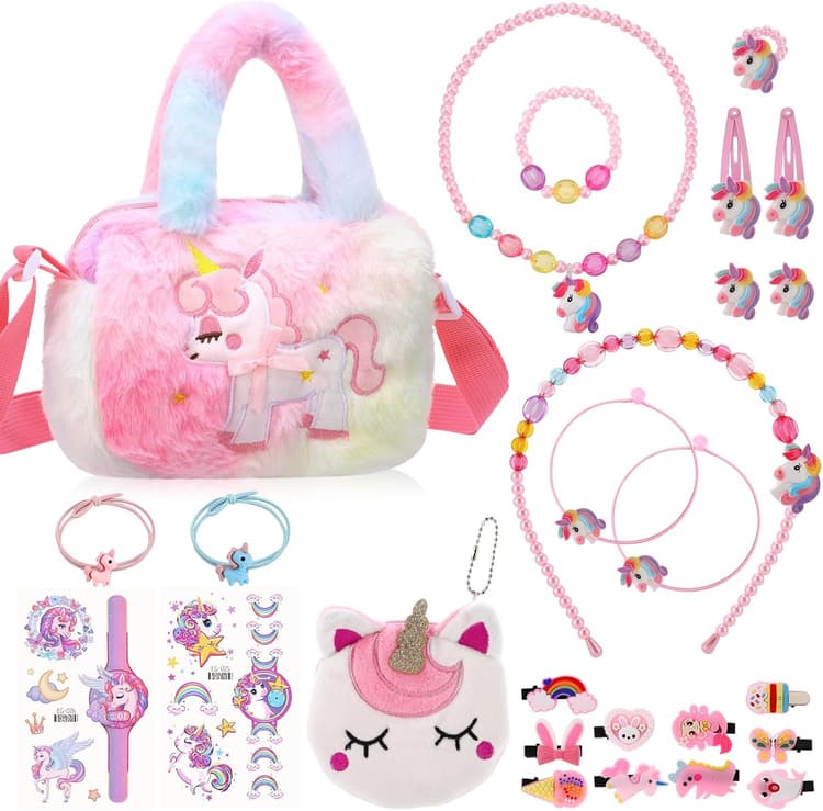 26 Pcs Bijoux Enfants Fille, Sac Licorne, Licorne Collier Bracelet Boucle d'Oreille Bagues Diadème kit Bijoux pourJouet Cadeau Anniversaire Fille 3 4 5 6 7 (Rose)