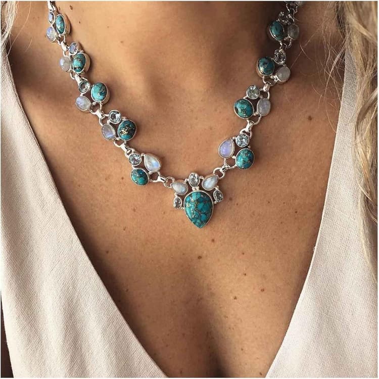 collier Bijoux pour elle : Tour de cou turquoise goutte d'eau, Pierre de lune, Argent chaîne cristal