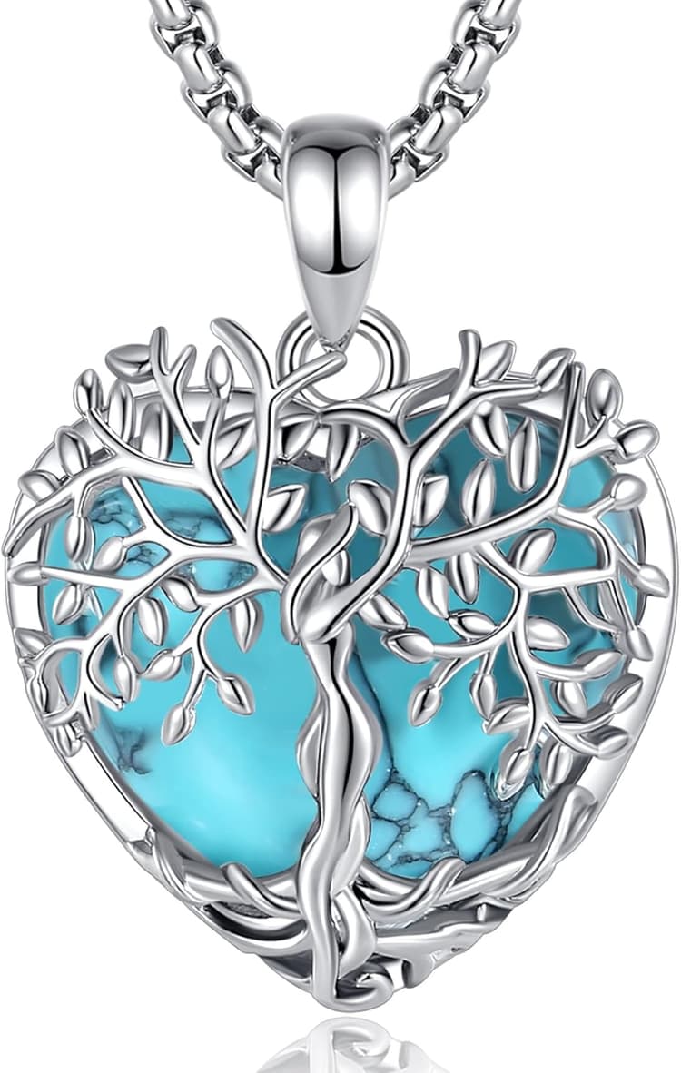 AEONSLOVE Collier Arbre de Vie avec Cristal pour Femme Pendentif Arbre de Vie avec Améthyste Malachite Collier Cristal de Guérison Pendentif Pierre de Lune Obsidienne Bijoux en Turquoise