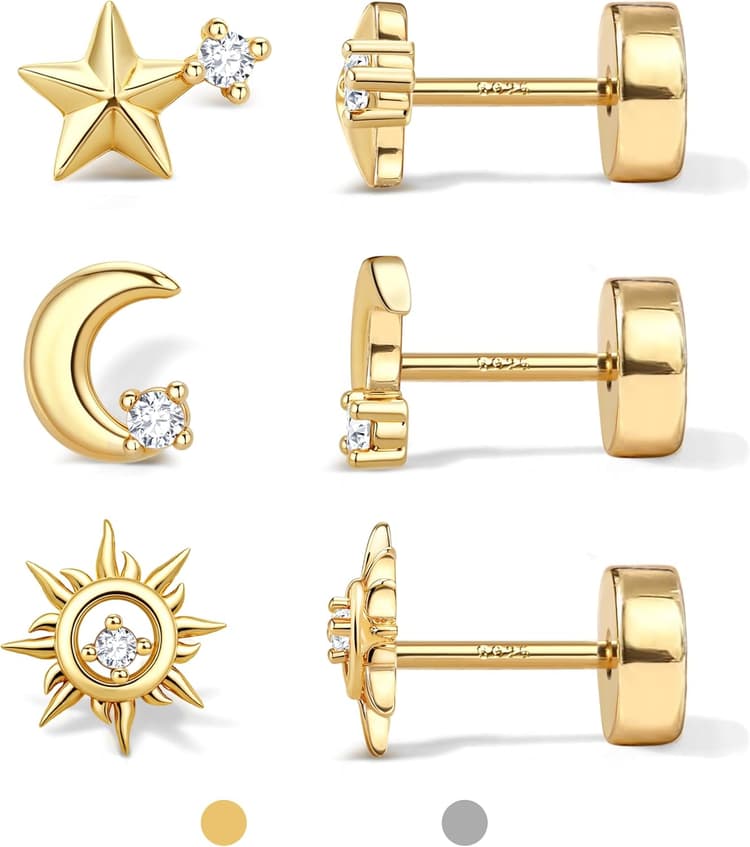 Dochais 3 Paires Boucles d'Oreilles Argent 925 pour Femme Homme Hypoallergénique Boucles d'Oreilles Or 14 Carats Petites Boucle d'Oreille CZ Lune Étoile Soleil Cartilage Helix Conch Piercing Argent Or