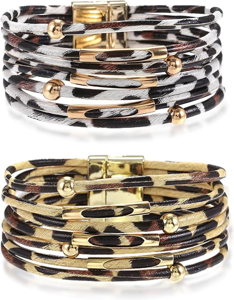 2 Pièces Bracelet Léopard en Cuir avec Boucle Magnétique pour Femmes Filles, Bracelets Enroulés en Cuir Multicouche, Boho Bracelet Manchette pour Accessories de Costume Fête Carnaval