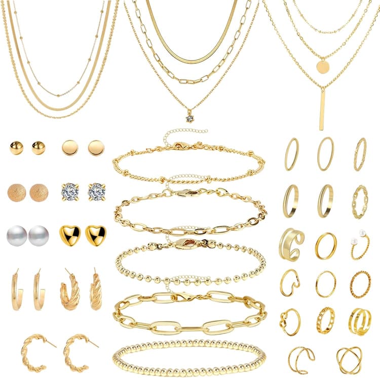 40 Pcs Parure Bijoux Femme : Élégante Parure de Bijoux pour Femme comprenant Collier Ras de Cou, Collier Breloque Argent et Or, Bracelet Jonc Or, Lot Bracelet Fantaisie