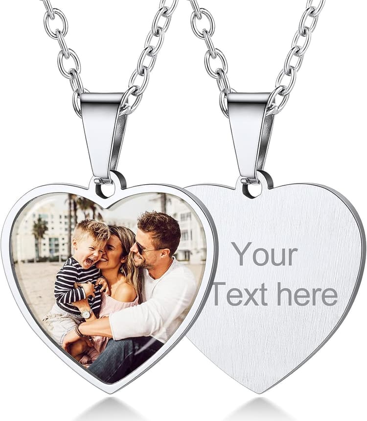 Custom4U Collier Photo Personnalisé Coeur Femme avec Prénom Texte Acier Inoxydable Cadeau pour Elle (Avec Coffret Cadeau)