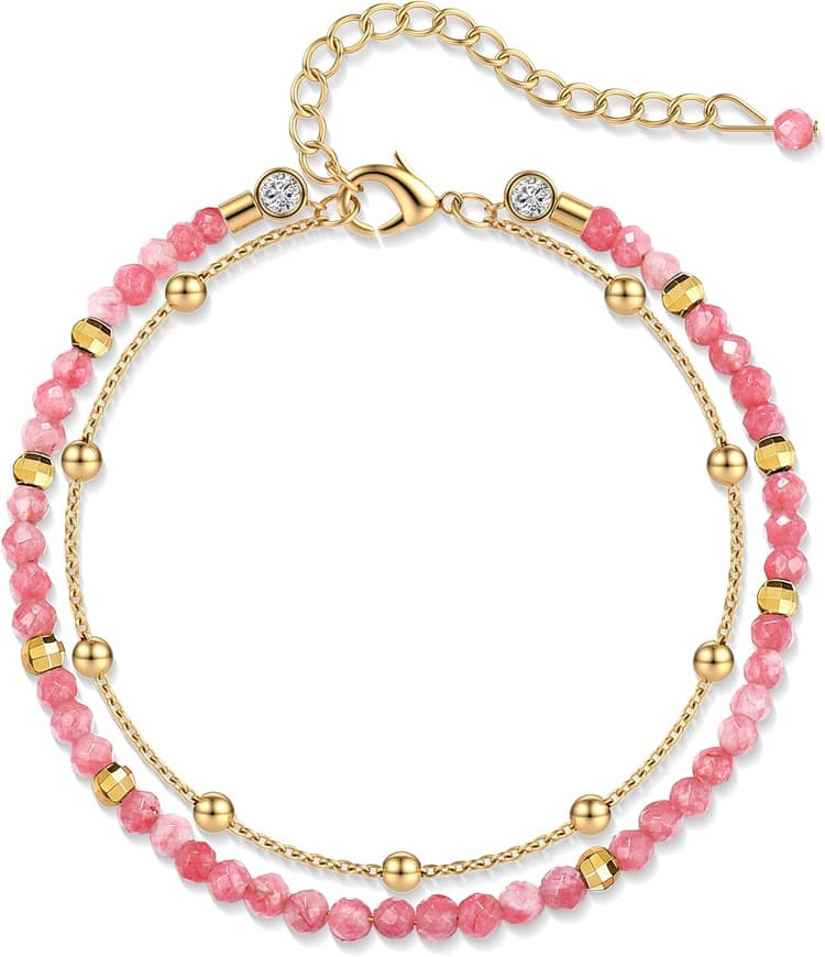 LOLIAS Bracelet Pierre Naturelle Femme Bracelets Acier Inoxydable Bracelets en Pierre Naturelle de 5MM de Perles Bracelet Femme Or Bijoux Fantaisie pour Ado Fille Cadeau