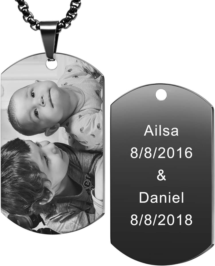 MeMeDIY Personnalisé Dog Tag Pendentif Collier Gravure Texte/Noir et Blanc Photo pour Homme Femme Mémorial en Acier Inoxydable/Tungstène Bijoux Bundle avec Chaîne Réglable, Porte-clés, Silencieux