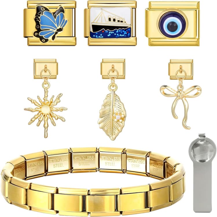 Italian Charms Bracelet Gold, Lot de 6 bracelets à breloques dorés, DIY 9mm Modules amovibles pour bracelets italiens, style italien pour femmes