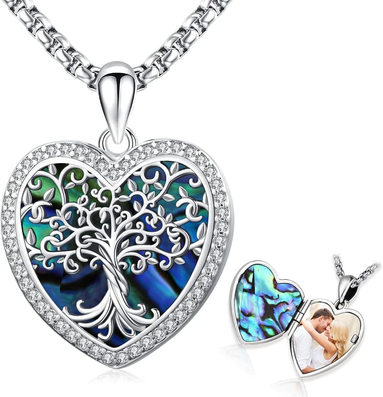 Friggem Coeur Médaillon Arbre de Vie Evil Eye Médaillon Abalone Shell Pendentif avec 2 Photo Collier pour Femme Noeud Celtique Fleur de Vie Collier