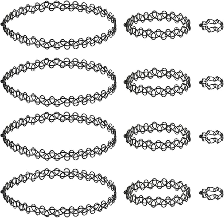 Choker Chaîne Ensemble, 12 pièces collier élastique tour cou extensible Collier Bracelet Anneau pour femme - Noir