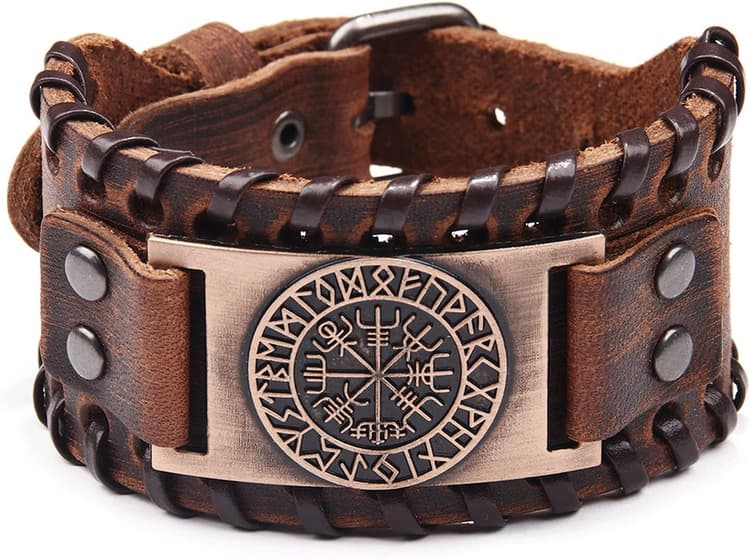 Bracelet viking - Manchette réglable avec boussole Vegvisir - Amulette nordique - Bijou de paganisme celtique (marron), Cuir