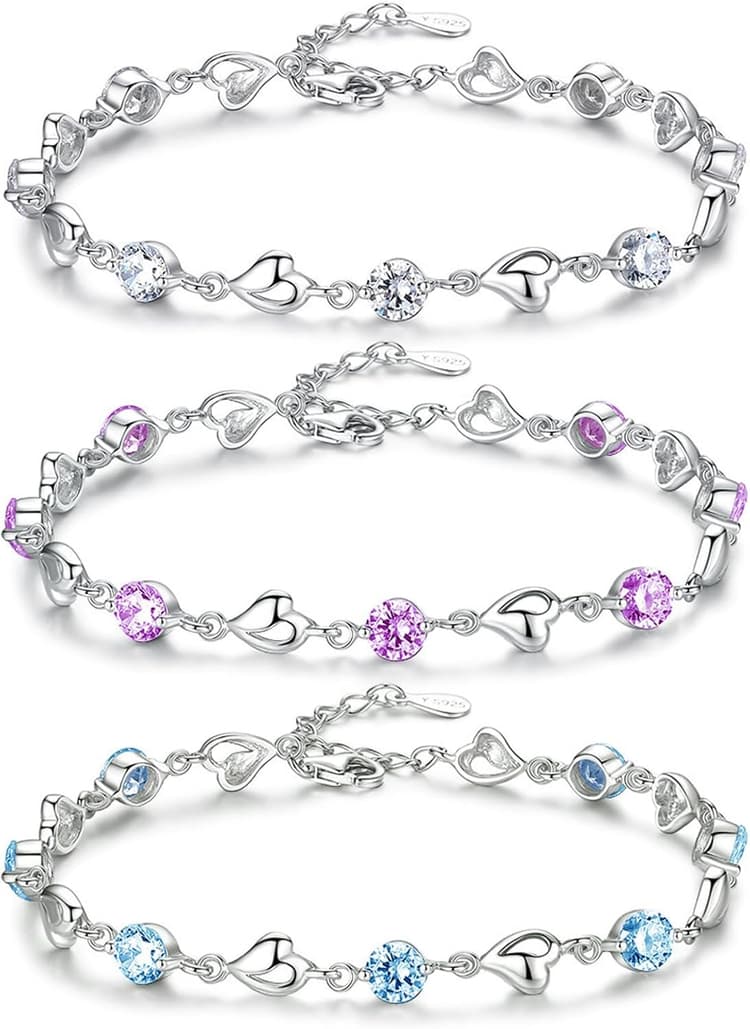 3 Pcs Bracelets Femme, Réglable Bracelet Coeur, Bijoux pour Femmes et Filles, Bleu, Violet, Blanc