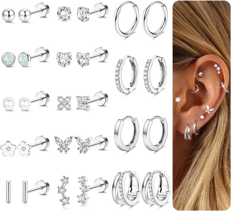 Adramata 14 Pairs Boucles d'Oreilles Femme Or Argent Hypoallergéniques Boucle d Oreille Acier Inoxydable Creoles Or Argent Boucle d'Oreille Clous Petites Cartilage Tragus Helix Piercing Oreille
