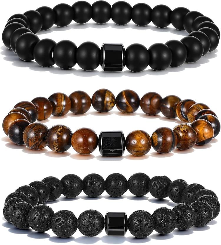 TIESOME Lot de 3 bracelets Bracelet œil de tigre pour hommes, 8 mm ensemble bracelets perles en pierre naturelle Bracelet extensible réglable en perles lave - cadeaux pour hommes