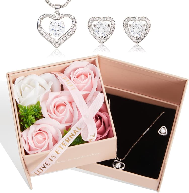 DN DECONATION Parure de bijoux avec pendentif rose éternelle et cœur - Collier et boucles d'oreilles en acier inoxydable avec zircone - Dans une boîte cadeau - Pour femme - Pour la Saint-Valentin, un