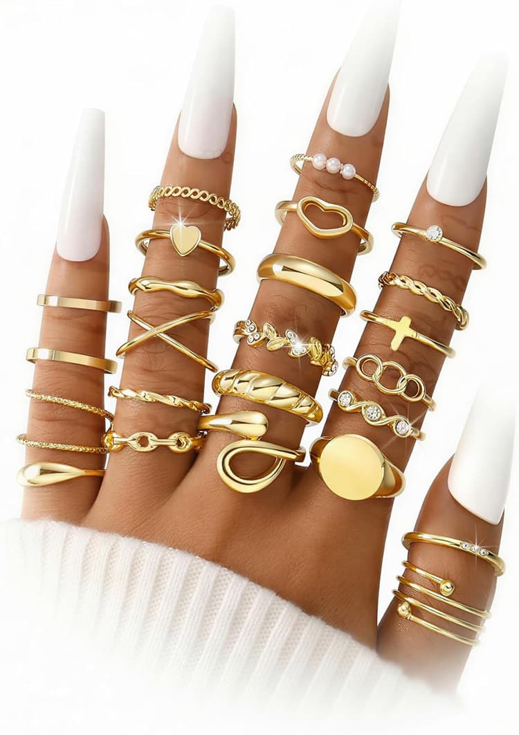 FAXHION 24-60 Pcs Gold Stackable Rings for Women, Knuckle Rings Chunky Gold Ring Set Dainty Stacking Cute Rings, Multiple Sizes Cute Jewelry Set Gift