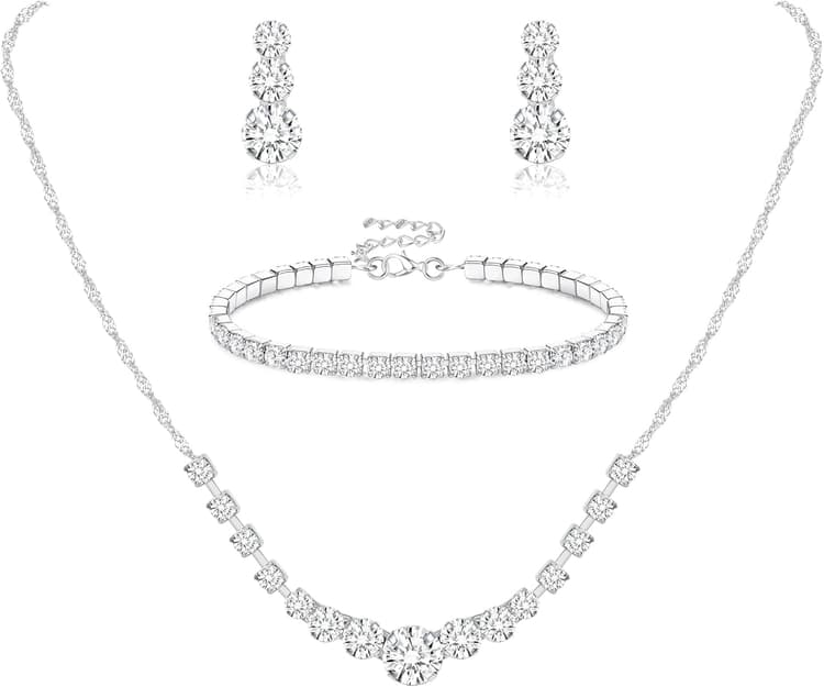 Jstyle Silver Plated Jewelry Set for Women Rhinestone Crystal Necklace Drop Earrings Link Bangle Bracelet Bridal Wedding Jewelry Sets for Brides Bridesmaid Prom Costume Accessories