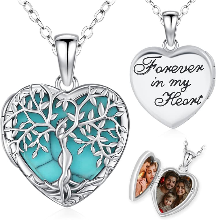 Friggem Collier Médaillon Arbre de Vie en Argent Sterling 925 Pendentif Médaillon Photo avec Coquille d'ormeau, Bijoux de Mémoire Cadeaux pour Femmes Filles Maman