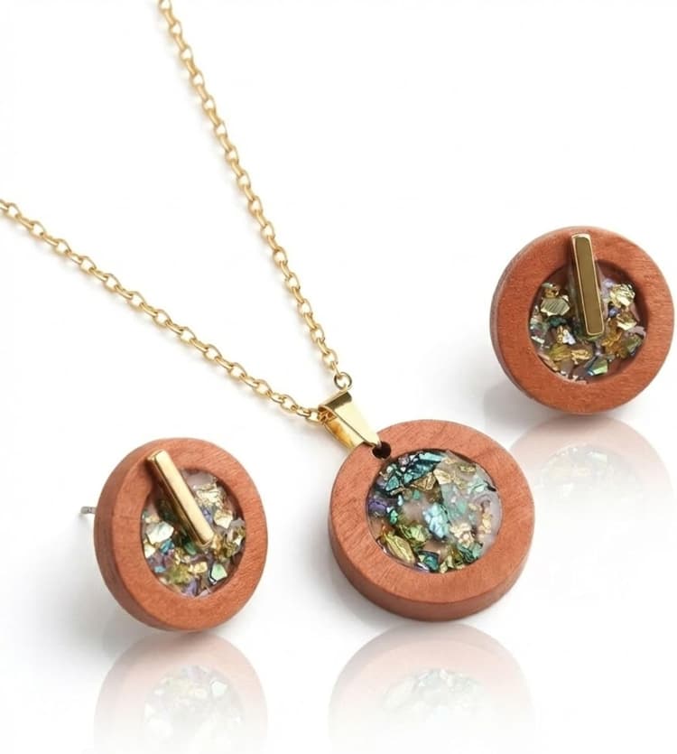 Parure Bijoux Bois et Or - Coffret Collier et Boucles d'Oreilles Femme - Résine et verre pilé - Artisanal Fait Main France - Cadeau Original Nature Bohème - Acier Inoxydable Doré