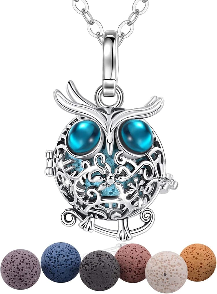 Aromathérapie Huiles Collier Diffuseur Essentielles pour Femmes Collier Pendentif Filles Bijoux Cadeau avec 7 PCS Pierre de Lave, Chaîne 61cm.