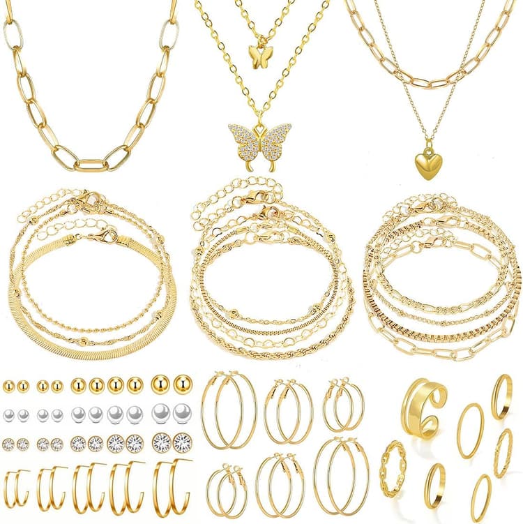 47pcs Gold Jewelry Set With 3 PCS Necklace, 11 PCS Bracelet,20pcs Hoop Stud Earrings,7pcs rings set For Women For Birthday Gifts