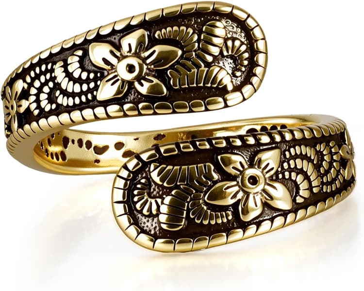 Vintage 14K Gold Plated and Silver Spoon Ring – Adjustable Ring with Carving Design for Women, Unique Boho Open Ring for Gift