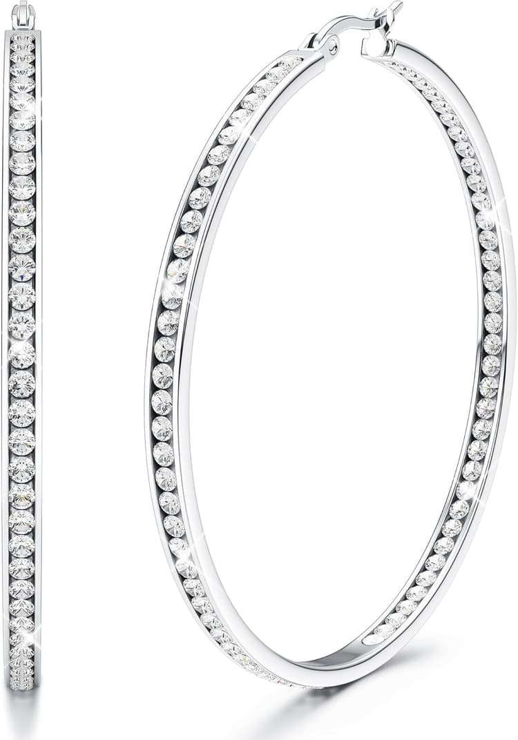 Adramata Creoles Acier Inoxydable Boucles D'oreilles Femme Créoles Zircon Cubique Creoles Plaqué Or/Or Rose/Argent Femme 40mm/50mm/60mm