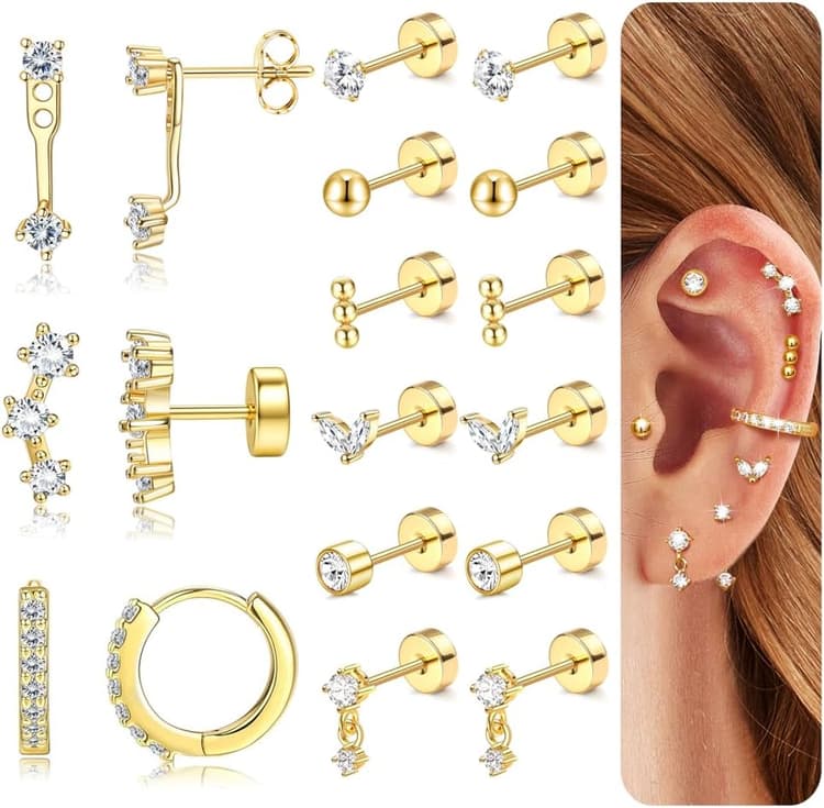 JeweBella Boucles d'Oreilles Femmes Acier Inoxydable Petites Boucles d'oreilles Argent Créoles Or Piercing Oreille Cartilage Clous d'oreilles Hypoallergéniques Lot Boucles d'oreilles Femme Or