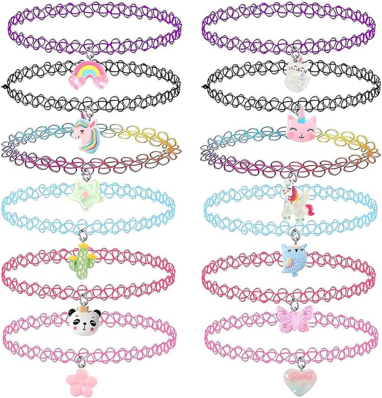 12 Pièces Tour de cou Collier pour Enfants Adolescents Filles Femmes, Collier Elastique Pendentif Dessin Animé Coloré