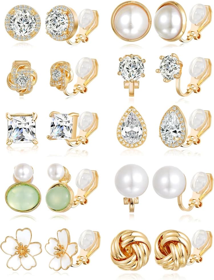 Tornito 10-15 Pairs Clip on Stud Earrings Non Pierced Teardrop Round Square CZ Pearl Twist Knot Flower Butterfly Heart Star Rainbow Cat Opal Clip on Earrings for Women