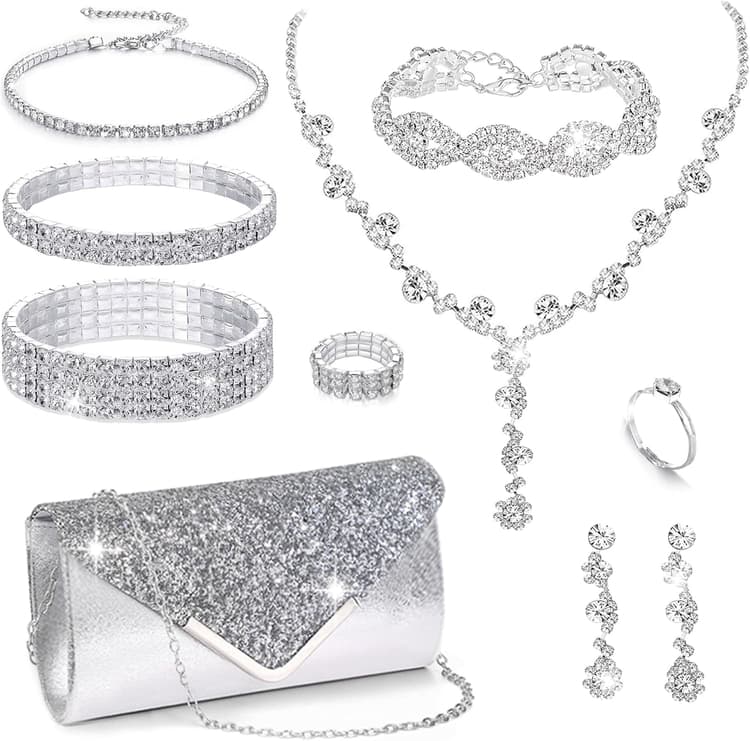 10Pcs Silvery Rhinestone Jewelry Set for Women Bride Wedding Prom Jewelry Evening Rhinestone Sparkly Clutch Purse Bag Necklace Tennise Layered Bracelets CZ Ring Crystal Drop Earring Set Silvery Shiny Costume Kit