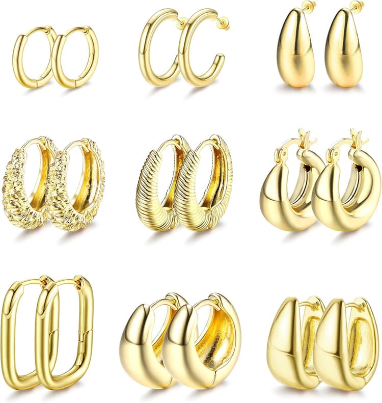 JeweBella 9 Paires Boucles d'Oreilles Créoles Or Femme 14K Plaqué Or Hypoallergénique Boucles d'Oreilles Créoles Epaisses Boucles d'Oreilles Rondes Ouvertes Ensemble de Petites Créoles