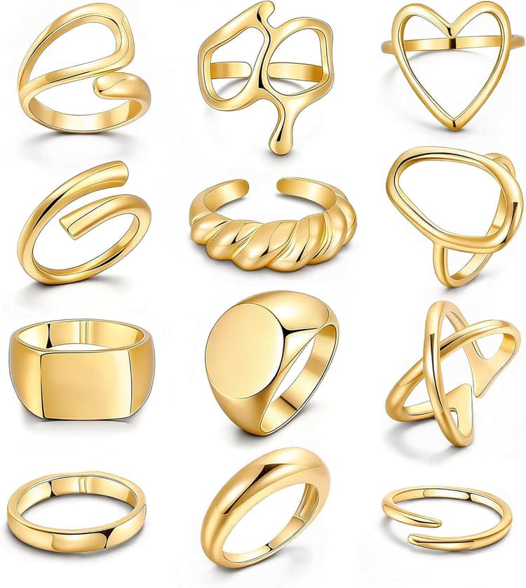 FAXHION 12PCS Gold Stackable Rings Set for Women, 18K Gold Plated Open Stacking Knuckle Ring, Adjustable Chunky Signet Band Statement Ring for Gift